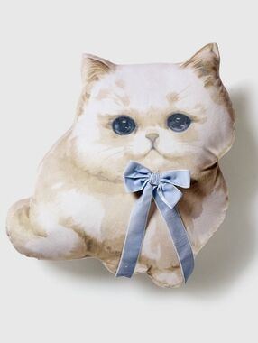 Makers Collective NWT Coquette Cat Plush Throw Pillow Blue Velvet Bow In White